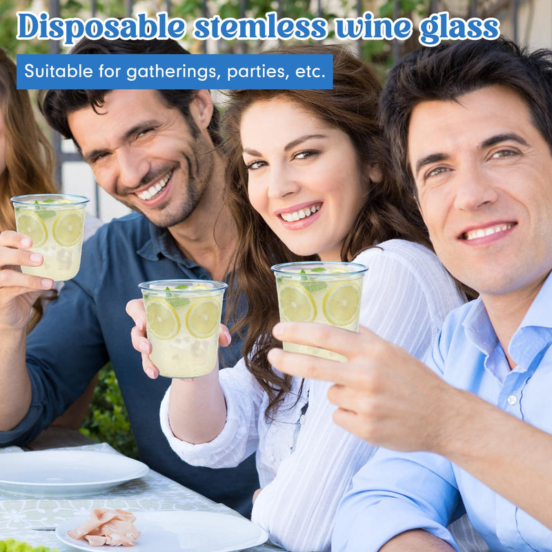 100 Pcs Disposable Stemless Glasses 12oz Crystal Plastic Wine Glasses Clear Classic Pet Cup for Meeting Weddings Birthdays Cocktail Christmas Party Supplies (Light Blue) Light Blue 100