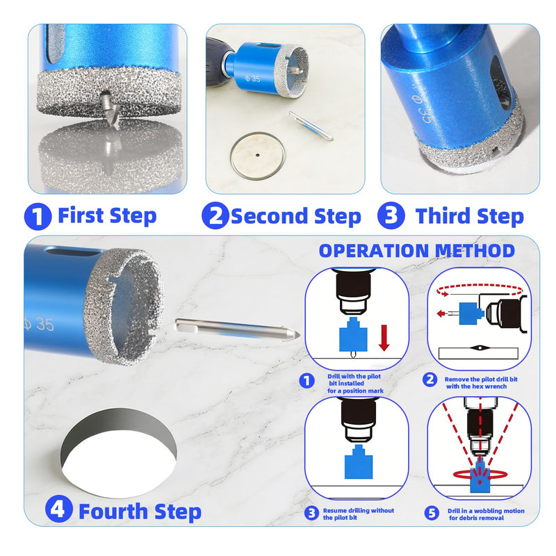 Diamond Hole Saw Kit with Pilot Drill Bit & Carbide Drill Bits - 18/20/25/35mm Hole Saws + 3-6mm Hex Shank Bits for Glass, Ceramic, Marble, Porcelain Tile, Granite, Quartz, Brickwork 1