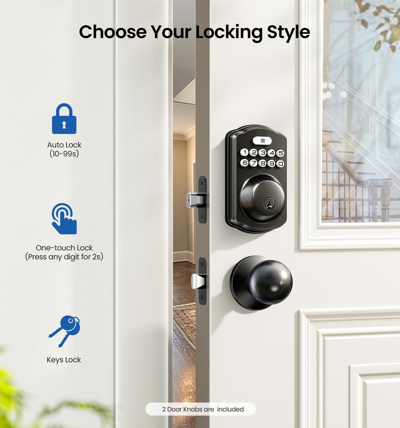 Veise Keyless Entry Door Lock with 2 Knobs, Electronic Backlit Keypad Deadbolt with Handle Set, Auto Lock, One-time Codes, Smart Deadbolt for Front Door, Easy Installation, Matte Black Knob