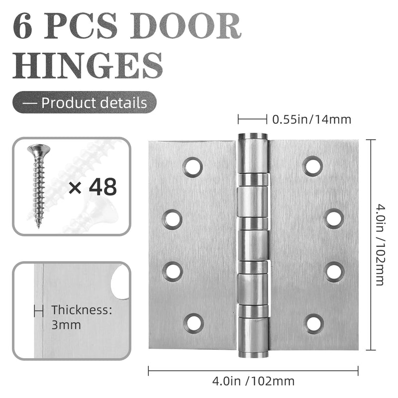 6Pcs Stainless Steel Silver Door Hinges, 4 x 4 Inch Door Hinge with Ball Bearing, Heavy Duty Door Hardware, Door Hinges with Square Corners 6 Pack