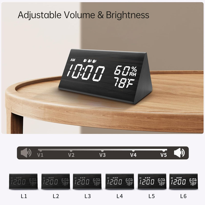 Digital Alarm Clock, with Wooden Electronic LED Time Display, 3 Alarm Settings, Humidity & Temperature Detect, Wood Made Electric Clocks for Bedroom, Bedside (Black) Black