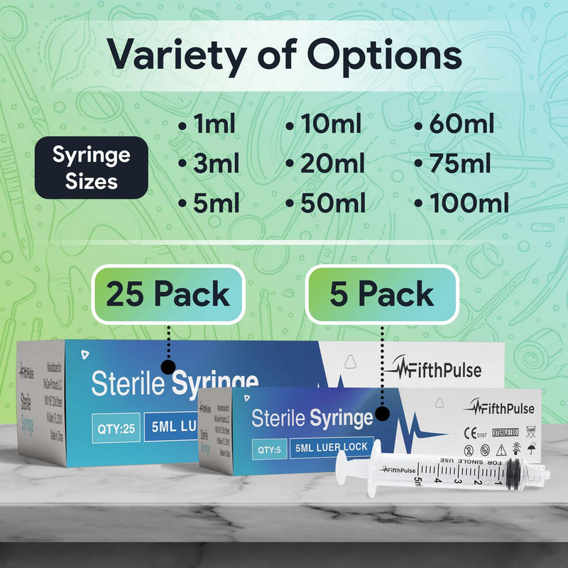 5 ml Syringe without Needle - 5 Pack of Individually Wrapped Disposable Syringes - Good for Medical, Scientific Lab, Home Use, and More - Sterile Luer Lock Syringes 5 ML 5.0