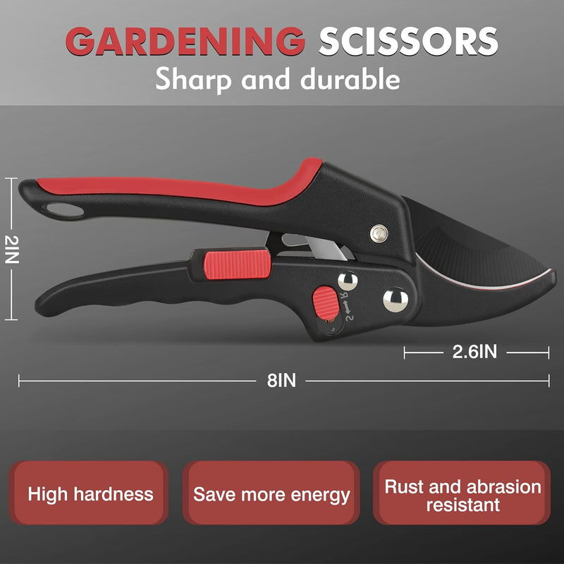 Ratchet Pruning Shears for Gardening Heavy Duty - Increases Cutting Power 3x - Perfect Ratchet Pruners for Weak Hands & Arthritis- 8” Anvil Garden Clippers - w/Extra Sharp Blade for Effortless Cutting