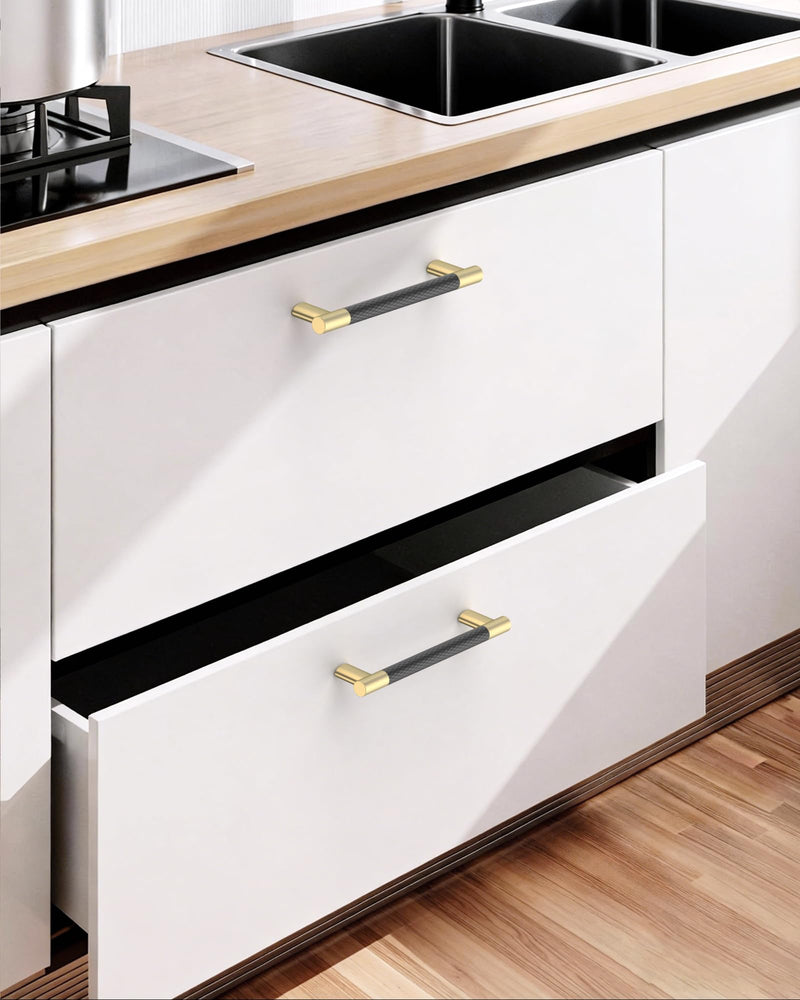 10 Pack 3''(76mm Hole to Hole) Black and Gold Cabinet Pulls, Knurled Brushed Gold Matte Black Cabinet Handles for Kitchen Drawers, Bathroom Vanity, Dresser - Heavy Duty Hardware CK0094 3"/76MM Hole Center 10