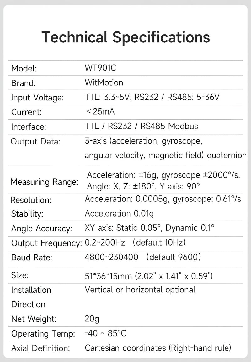 【WT901C-232 9-Axis Vibration Inclinometer】High-Stability Acceleration+Gyro+Angle (XY 0.05° Accuracy)+Digital Compass, Triaxial MPU9250 Gyroscope Sensor【Kalman Filtering】for Arduino, Raspberry Pi