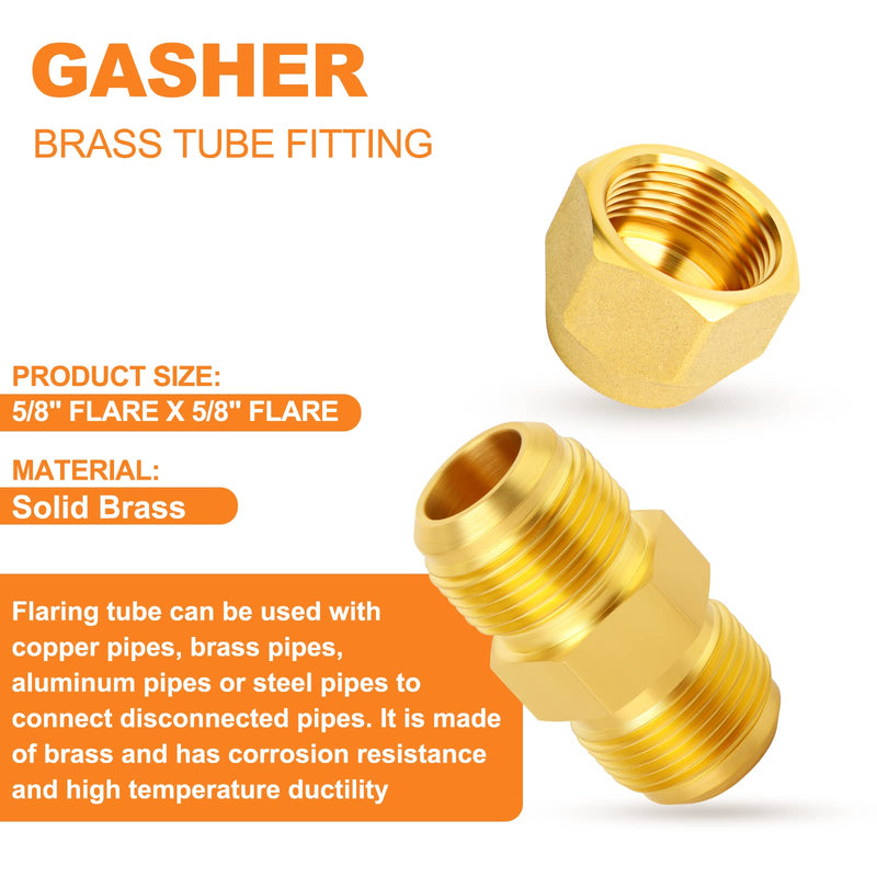 GASHER 2Packs Metals Brass Tube Fitting, Half-Union with Flare Nut, 5/8" Flare x 5/8" Flare Male Pipe Fittings Straight with Nut 2