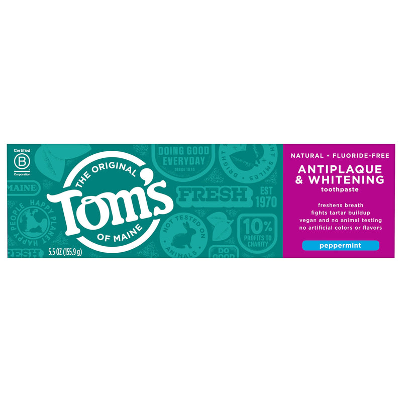 Tom's of Maine Fluoride-Free Antiplaque & Whitening Natural Toothpaste, Peppermint, 5.5 oz. (Pack of 2) 5.5 Ounce (Pack of 2)