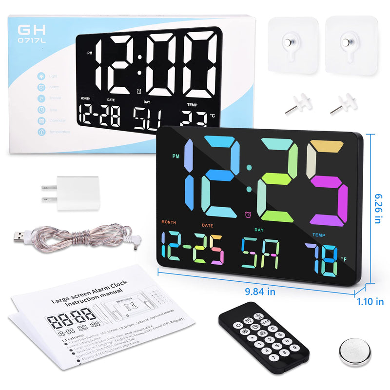 Amgico Digital Alarm Clock with Snooze, Temperature, Auto Dimming, 11.5" Large Display Calendar, Desk/Wall Clock for Bedroom, Living Room, Office, Home, Classroom,Elderly - Rainbow Black-a Rainbow