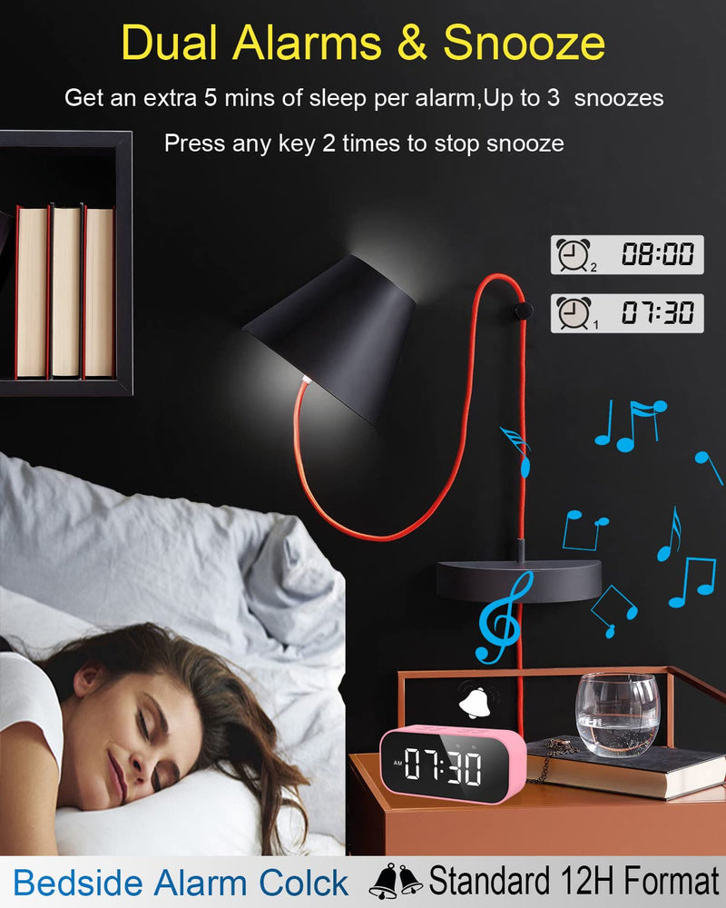 AFK Alarm Clock with Bluetooth Speaker for Bedroom,Small Digital Clock with Dual Alarms,Snooze,Mirror LED Display for Girls,Adults. Pink