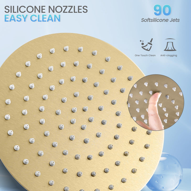 Brushed Gold Round Rainfall Shower Head, All Metal Stainless Steel Rain Shower Heads with 90 Anti-Clog Silicone Nozzles, Wall or Ceiling Mount, 8 inch Brushed Gold
