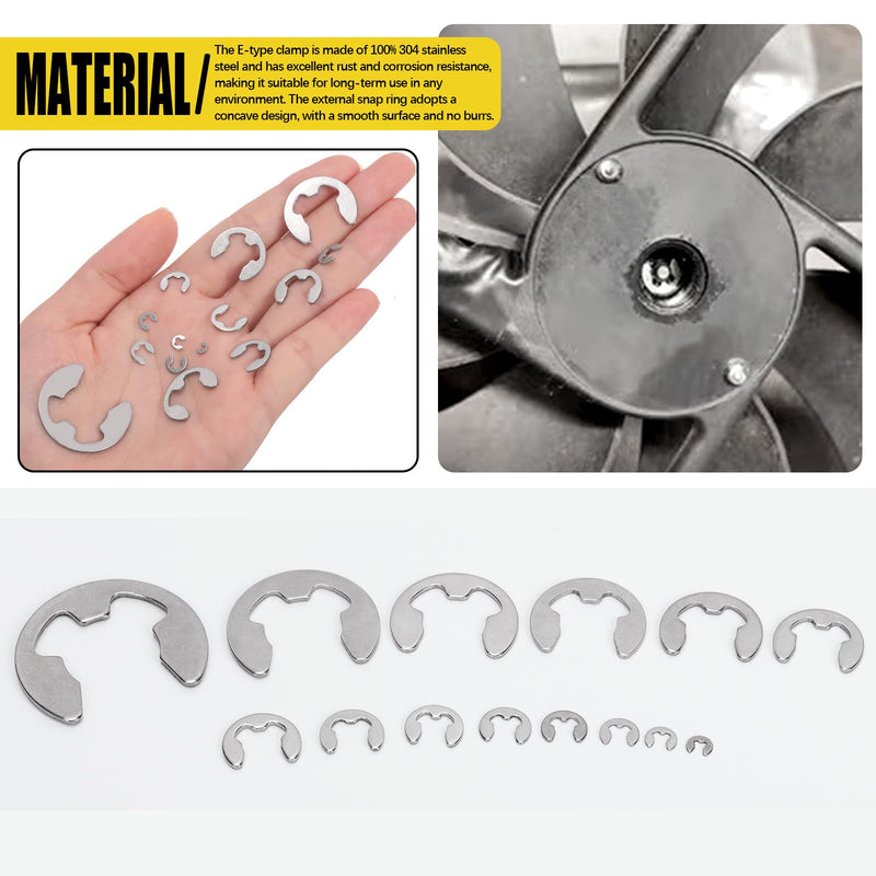 211Pcs Stainless Steel E-Clip Assortment Set, E-Clip Circlip External Retaining Rings - 1.5mm, 2mm, 2.5mm, 3mm, 3.5mm, 4mm, 5mm, 6mm, 7mm, 8mm, 9mm, 10mm, 12mm, 15mm Silver