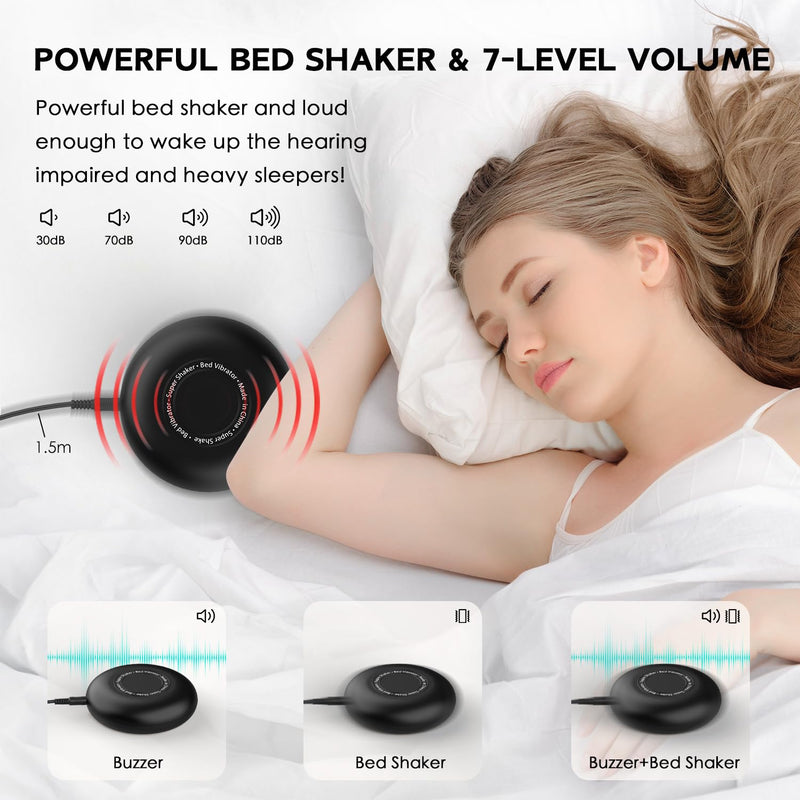 OnLyee Vibrating Alarm Clock with 8.7” LED Mirror for Heavy Sleepers & Hearing Impaired, Bed Shaker & 3 Wake-Up Modes, Dual Alarms, USB Charging, Adjustable Brightness, Snooze Function Black+Bed Shaker