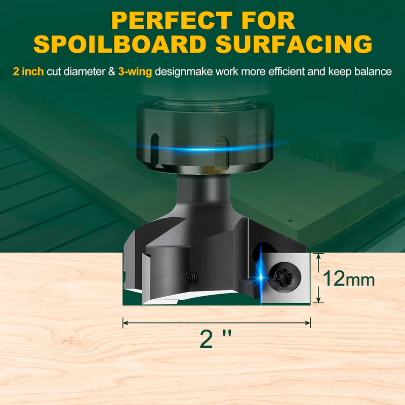 Slab Flattening Router Bits 1/2'' Shank, 2'' Cutting Diameter | 3 Wings, Spoilboard Surfacing Router Bit with 12mm Insert Wood Planing Bit CNC Router Flattening Bit for Woodworking Tools None Coated 1/2" Shank-2" Cut Dia. (3 Inserts)