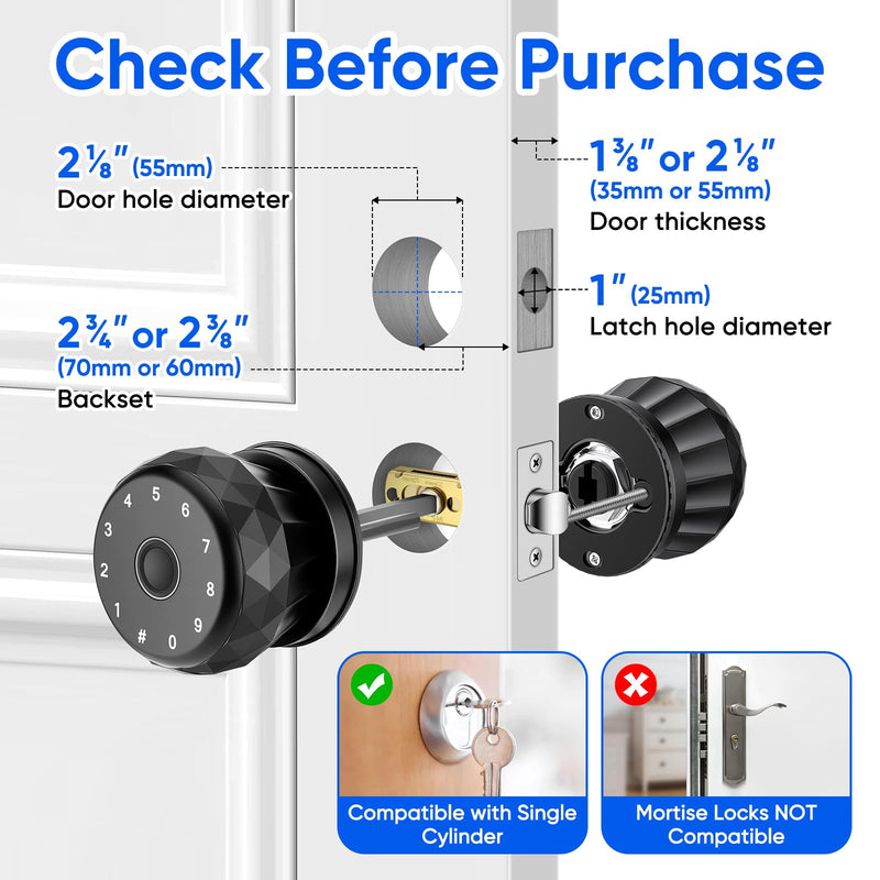 Smart Door Knob Fingerprint Door Lock with Keypad, Keyless Entry Deadbolt for Front Door, Smart Auto Lock Deadbolt with Phone/Watch App Control, Biometric Fingerprint Gate Knob with 6 Ways to Unlock Smart Door Knob