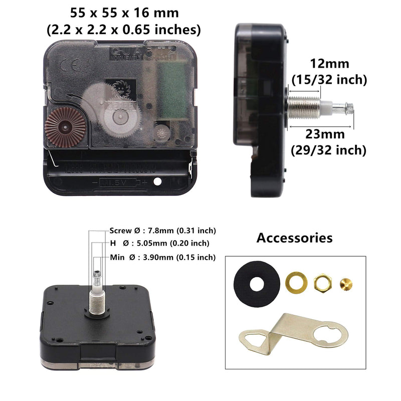 Youngtown High Torque Long Shaft Clock Movement Mechanism with 12 Inch Long Spade Hands 29/32 inch Total shaft length Black