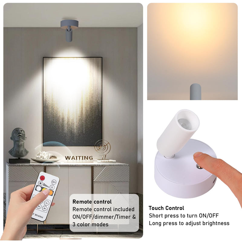LED Wireless Spotlights with Remote Up Lights Indoor Dimmable Picture Light Battery Operated with Timer, Rechargeable Spot Lights Accent Uplighting for Plant Wall Art Dartboard White
