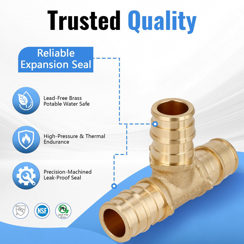 (10-Pack YVSKM) 1/2" PEX-A Tee Expansion Fitting, Lead-Free Brass Full Flow Connector, ASTM F1960 & cUPC Certified for Residential Hot & Cold Water and Radiant Heating Systems 1/2 Inch 10-Pack