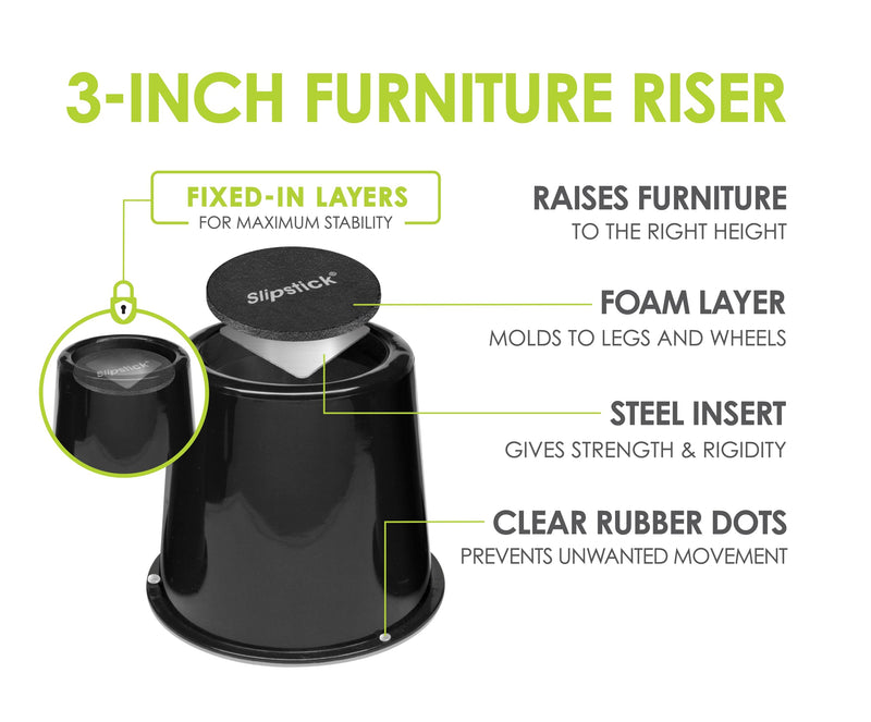 Slipstick CB672 Premium 3 Inch Bed Risers/Furniture Raisers with Steel Reinforced Caster Wheel Holder Top, Lifts Height 3" (4 Pack) Supports 2,640 Pounds, Black, Stackable with CB671 4 Pack 3 Inch Black