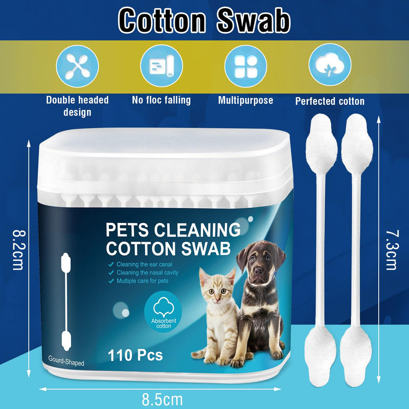 110 Pcs Pet Dry Cotton Swabs Clean Ear Double-Headed Gourd-Shaped Dried Cotton Buds with Storage Box Gentle Grooming for Dogs Cats