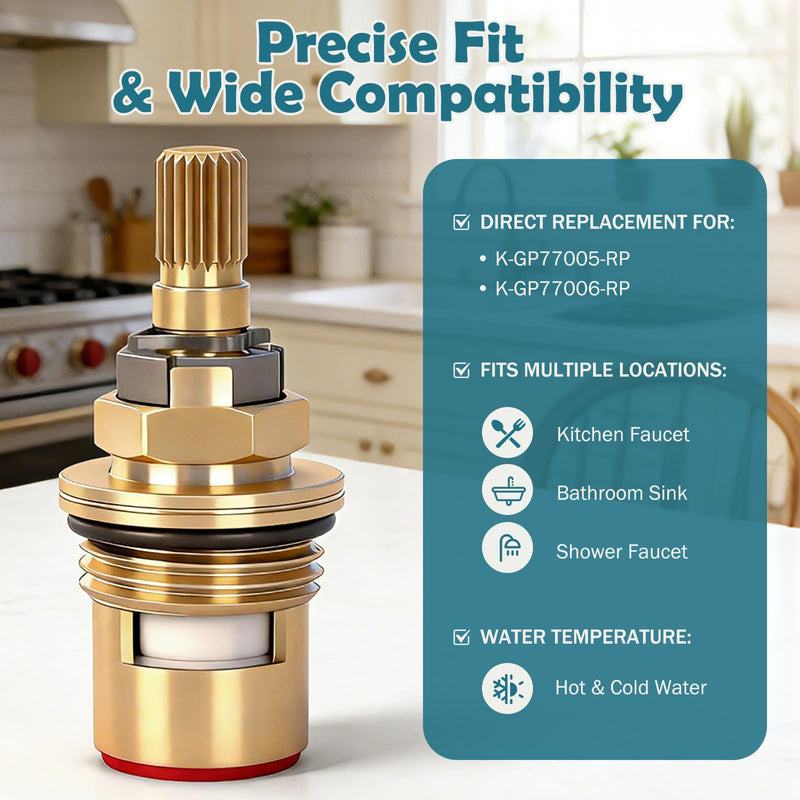 2 Pack Faucet Cartridge Replacement Compatible with Kohler K-GP77005-RP & K-GP77006-RP - Brass Ceramic Cartridge for Kitchen, Bathroom, and Shower Faucets Cold and Hot Water