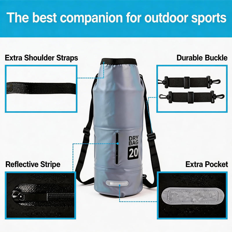 20L Waterproof Dry Bag - Floating Heavy Duty PVC Dry Sack - for Boating, Fishing & Beach - Backpack Style Waterproof Bag for Men & Women Grey 20L