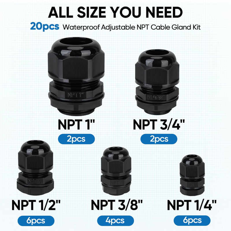 TICONN 20 Pcs IP68 Waterproof Cable Gland Kit Nylon NPT Adjustable Cable Connectors Assortment 1/4” 3/8” 1/2” 3/4” 1“ for Waterproof Junction Box Wire Pannel (Black, 20 Pcs) Black