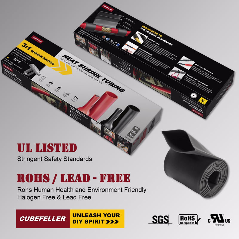 CUBEFELLER® 3:1 Ratio 3/8 Inch (9.5mm) Black Heat Shrink Tubing - 20ft (6.1M Total Length), Marine Grade Waterproof Adhesive Lined, Insulation Sealing Oil-Proof Wear-Resistant,ET2095B 9.5mm (3/8") - 20ft 1