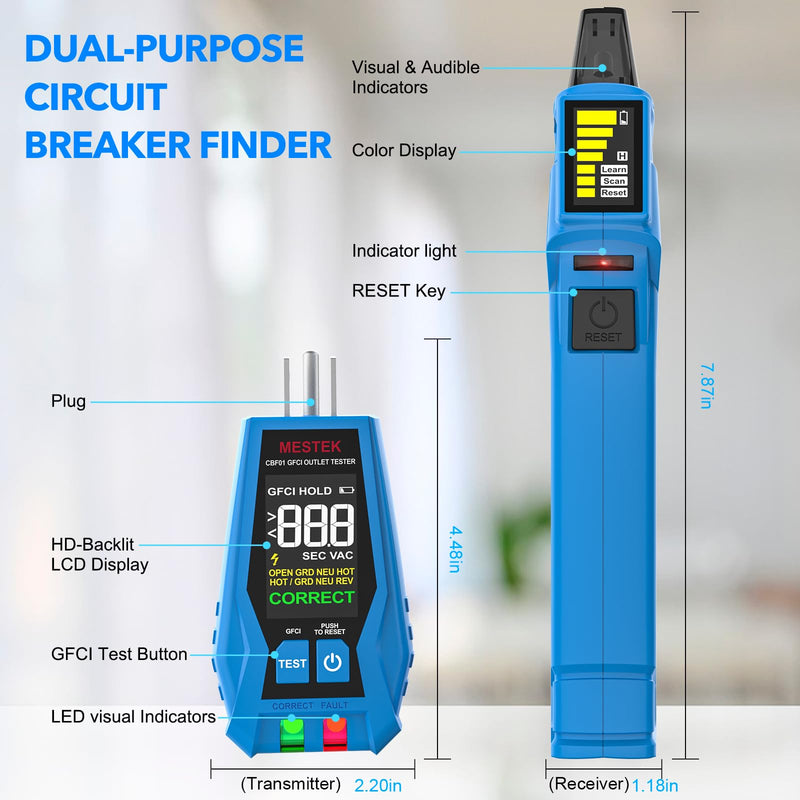 MESTEK Circuit Breaker Finder, Electrical Circuit Tracer Tool Kit with Integrated GFCI Outlet Tester, Works on AC 90-120V, Circuit Tester with Buzzer Alarm & Color LCD Display, Includes Carrying Case