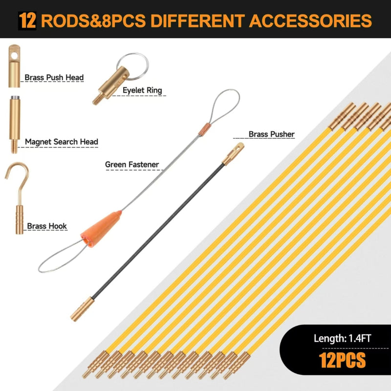 16.8FT Fiberglass Running Electrical Wire Cable Glow Rods Wire Pulling, Fish Rods Electrical Kit with 6 Different Attachments and Fish Tape Wire Puller Kit (Yellow) 16.8FT