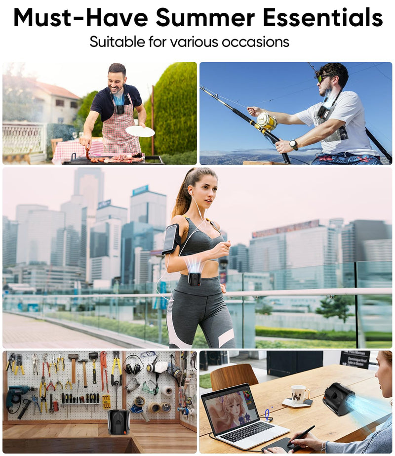 AI Portable Waist Fan, 6 Speeds 16000RPM Strong Turbo Airflow, 40H Max Cooling Battery Powered Personal Fan Rechargeable, Hands-Free Shirt/Belt/Neck Fan for Work, Outdoor, Travel, Gift for Men Black