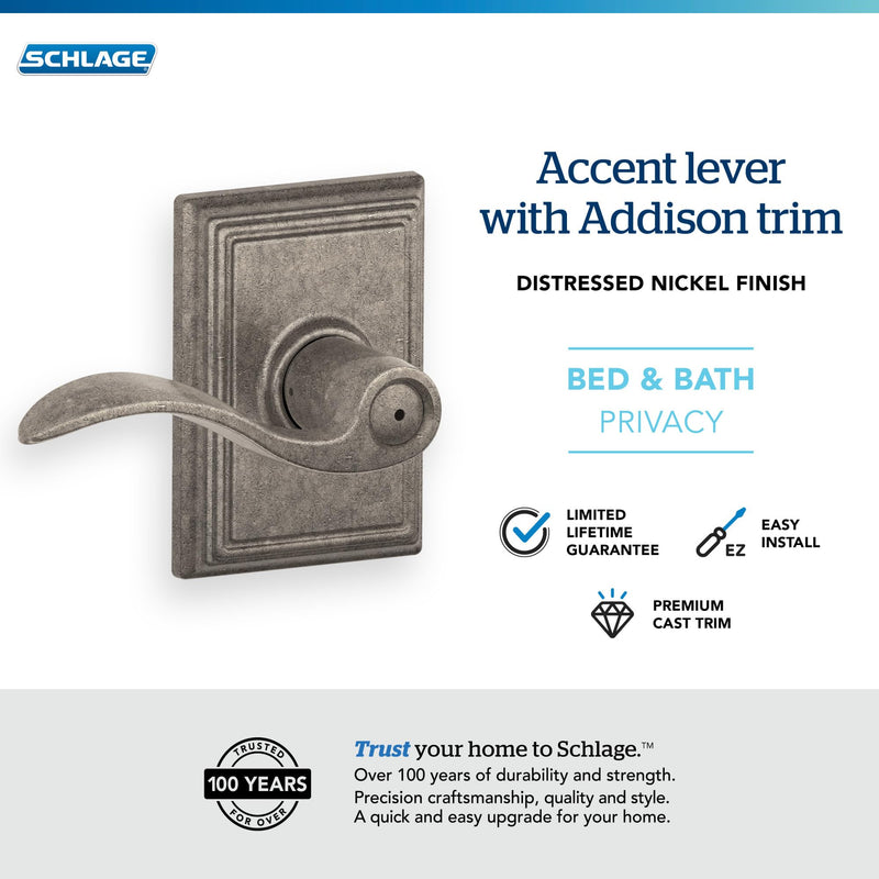 SCHLAGE F40ACC621ADD Addison Collection SCHLAGE Privacy Lever, Distressed Nickel
