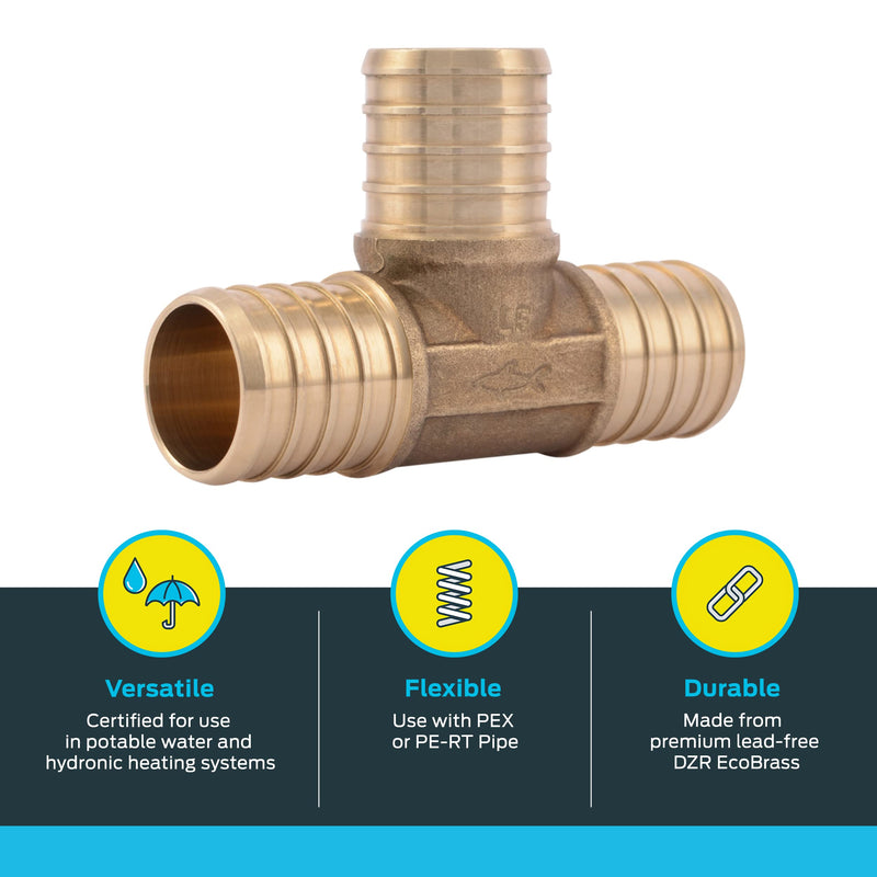 SharkBite 1 Inch Crimp Tee, Pack of 10, Brass Plumbing Fitting, PEX Pipe, PE-RT, UC374LF 1 in., 10 pack