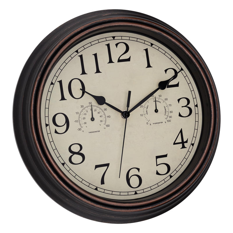 Foxtop Indoor Outdoor Waterproof Wall Clock with Thermometer and Hygrometer Combo, 14 Inch Retro Silent Non-Ticking Battery Operated Quartz Round Outdoor Clocks for Patio Home Office (Bronze) 14"bronze