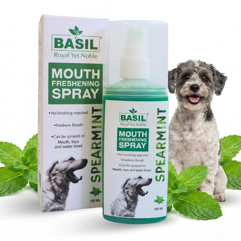 BASIL Dog Dental Spray for Teeth Cleaning & Bad Breath | Spearmint Fresh Breath for Dogs | Teeth and Gum Care | Easy-to-Use Pet Dental Spray for Everyday Use - (4.4 oz)