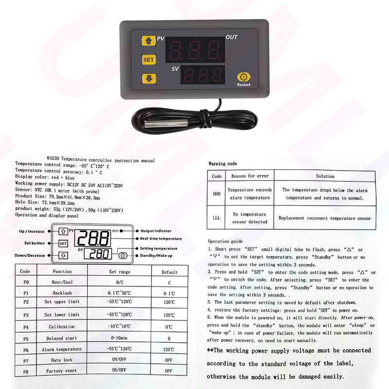 Digital Temperature Controller, W3230 AC110-220V LED Digital Temperature Controller Thermostat Switch Sensor Meter(220V)