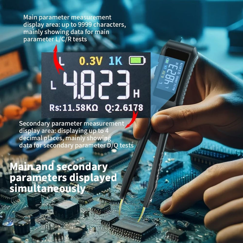 10KHz LCR Meter Tweezer Digital Smart SMD Tester Mini ESR Meter, Capacitance Inductance Continuity Resistor Voltage Diode Tester 9999 Count Electronic Component Analyze Portable Tools