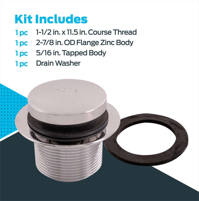 Eastman Tip-Toe Bath Drain Assembly Kit with Flange and Drain Washer, 1-1/2 Inch x 11.5 Inch Coarse Thread, Chrome Plated, 35235