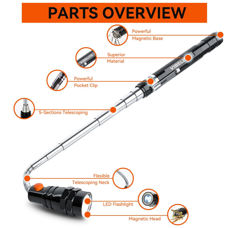 VIBELITE Magnetic Pickup Tool with LED, Telescoping Magnet Flashlight, Birthday Valentines Day Gifts for Men, Handyman, Husband, Boyfriend, Him, Father, Dad (Black) Magnetic Tool + Stylus Pen