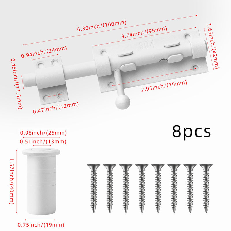 Heavy Duty 304 Stainless Steel Gate Latches,for Wooden Fences,Metal Gates Doors Stopper,Padlock Latches Heavy Duty Barrel Bolts Safety,Yard Door，Barn Door Slide Bolt (White, 6.3in) White