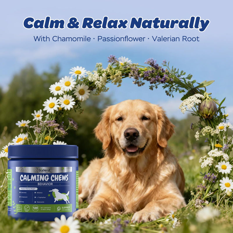 Calming Chews for Dogs – Relaxation & Stress Support with Chamomile, Valerian Root, L-Theanine, Passionflower & Ashwagandha – Calming Support with Glucosamine, Chicken Flavor, 120 Count