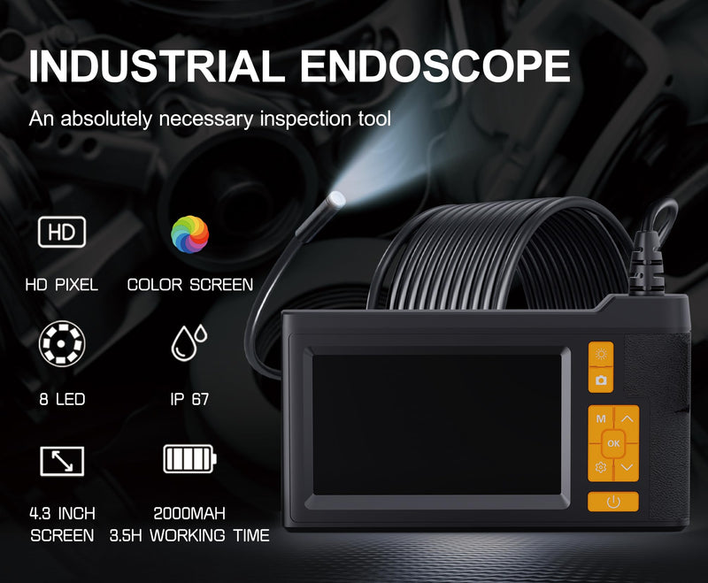 Endoscope Camera with Light, 1080P HD Inspection Borescope with 4.3''IPS, Video & Photo Inspection Cameras with 32G Card, IP67 Waterproof Camera for Sewer/Drain/Pipe, 16.4Ft Semi-Rigid Cable