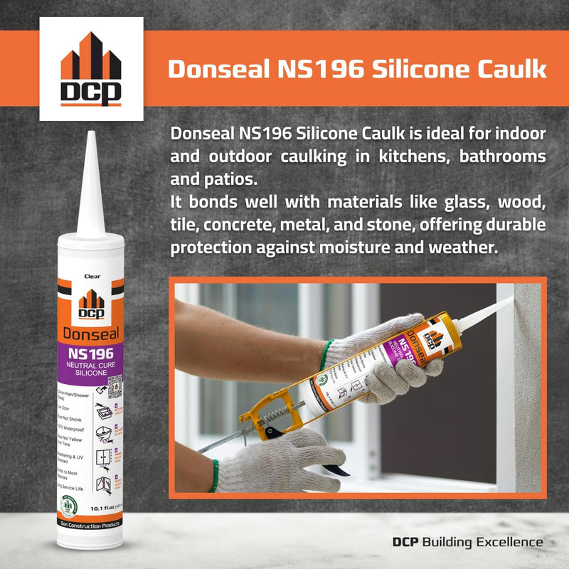 DCP Donseal NS196 Silicone Caulk Sealant 1 Pack – 100% Silicone Tube for Bathroom, Kitchen, Outdoor, Bathtub and Window Seal, 10.1 fl oz – Clear 1-pack
