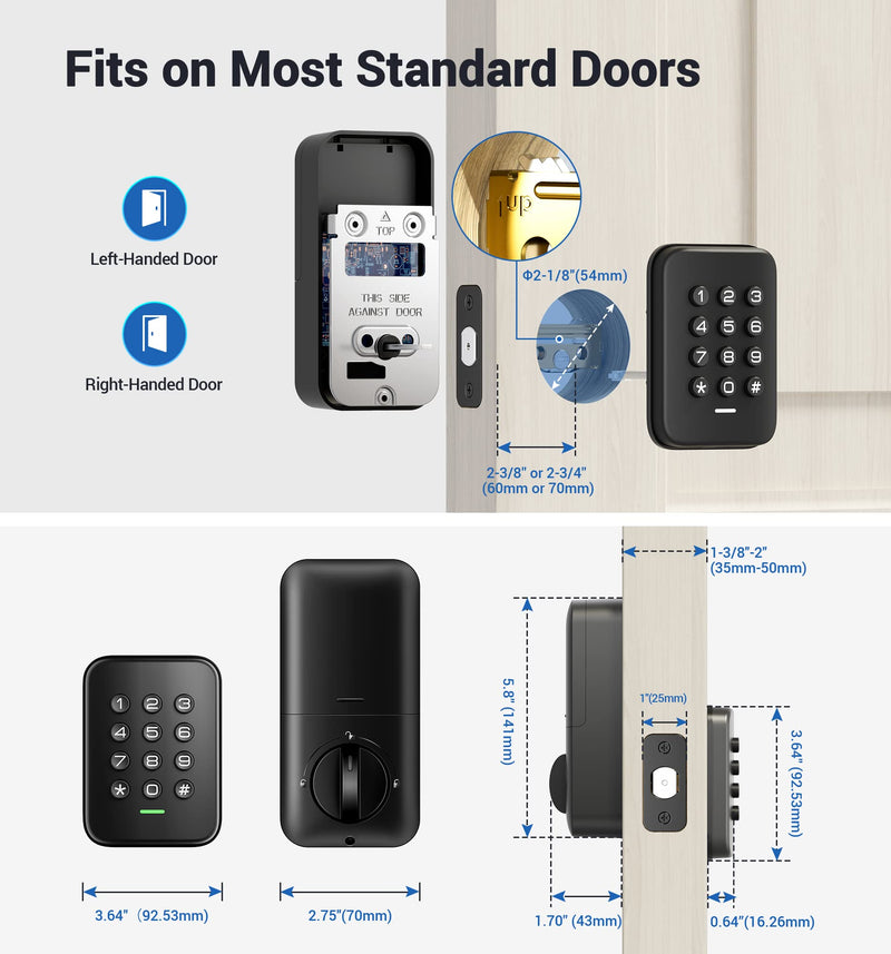 Veise Keyless Entry Door Lock, Electronic Keypad Deadbolt, Auto Lock, Anti-Peeking Password, Emergency Power Port, Easy Installation, Black - NewNest Australia