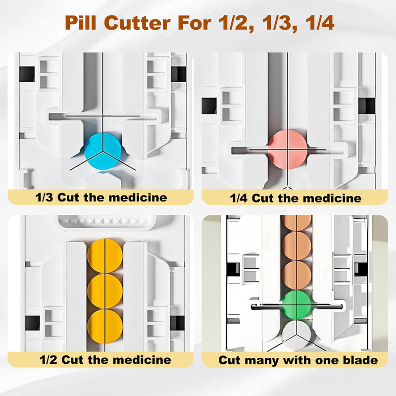 1/4 Pill Cutter for Small Pills, 1/2 1/3 Pill Splitter for Tiny Pills, Easy-Cut Stainless Steel Blade for Tablets, Easy-Grip Portable Pill Crusher with Storage
