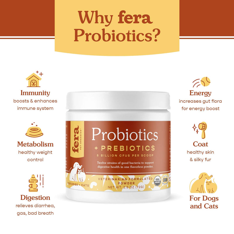 FERA Probiotics for Dogs and Cats - USDA Organic Certified - Advanced Max-Strength Vet Formulated - All Natural Probiotics Powder - Made in The USA - 5 Billion CFUs Per Scoop (Packaging May Vary) - PawsPlanet Australia