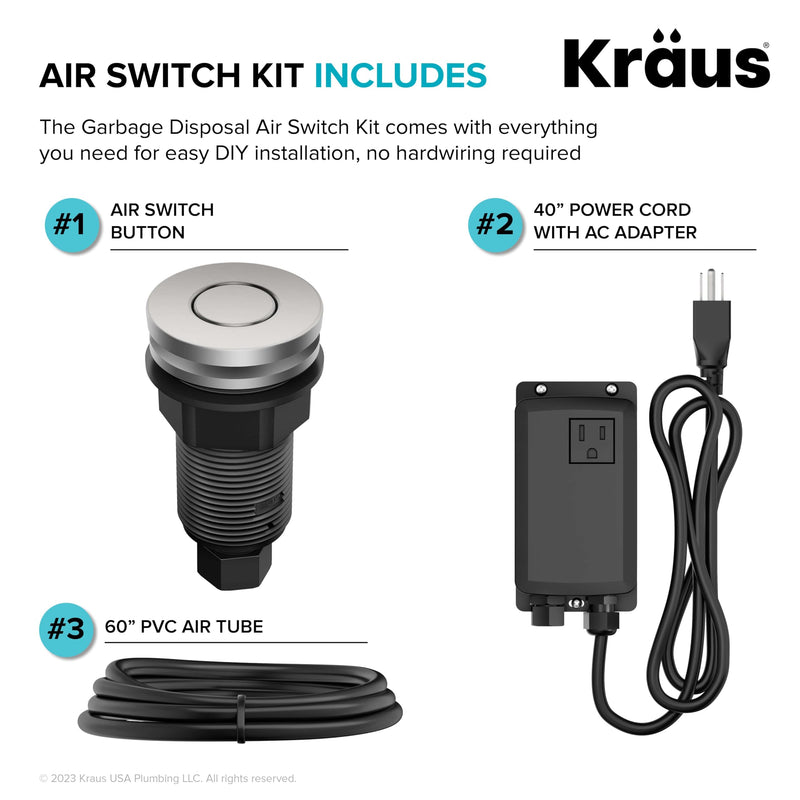 KRAUS Garbage Disposal Air Switch Kit in Spot-Free Stainless Steel with Push Button, AC Adapter, Power Cord, and Air Tube Included, KWDA-200SFS