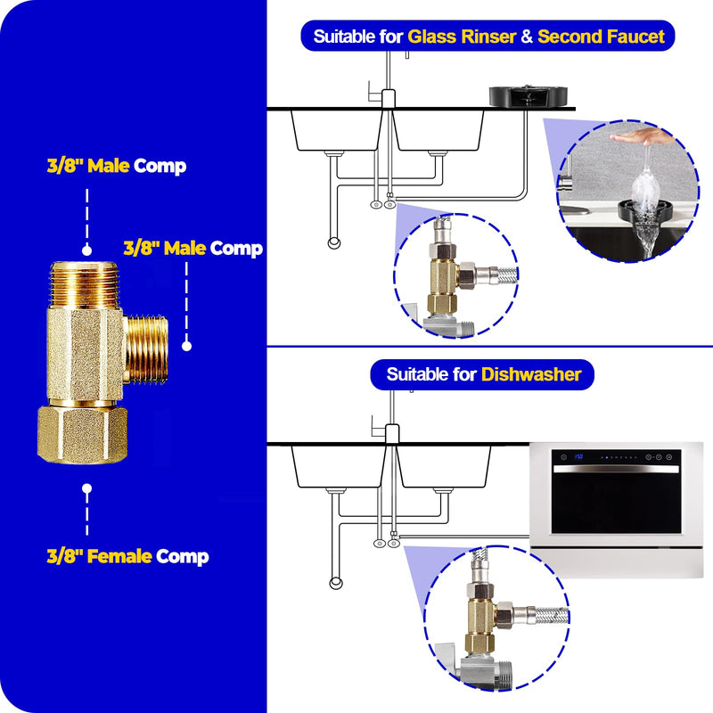 Add-A-Tee,Lead-Free Angle Stop Valve Tee 3/8" Compression Inlet x 3/8" Outlet x 3/8" Outlet，Brass Extender Tee Connector with Built-in Sealing Gasket for Faucet,Glass Rinser,Dishwasher,Toilet Tank 3/8 Comp-3/8 Comp-3/8 Comp Tee(1Pcs)