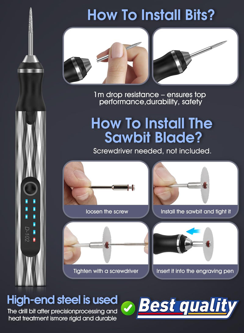 Upgraded Electric Engraving Pen with 37 Bits & 3-Speed Adjust,USB Rechargeable,Rotary Tool for 50+ Surfaces - Professional & Beginner Friendly, Portable for DIY Crafts,Personalization & Gifts Silver