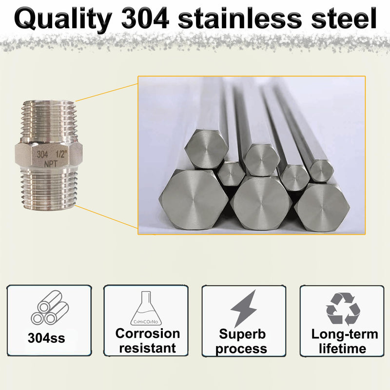 1/2" Male x 1/2" Male Hex Nipple Pipe Fittings, 304 Stainless Steel 1/2 inch NPT Male Threaded Pipe Adapter Fittings Equal Nipples Connectors, Male Straight Connector Pipe Fitting (1/2“, 2pcs) 1/2“, 2pcs