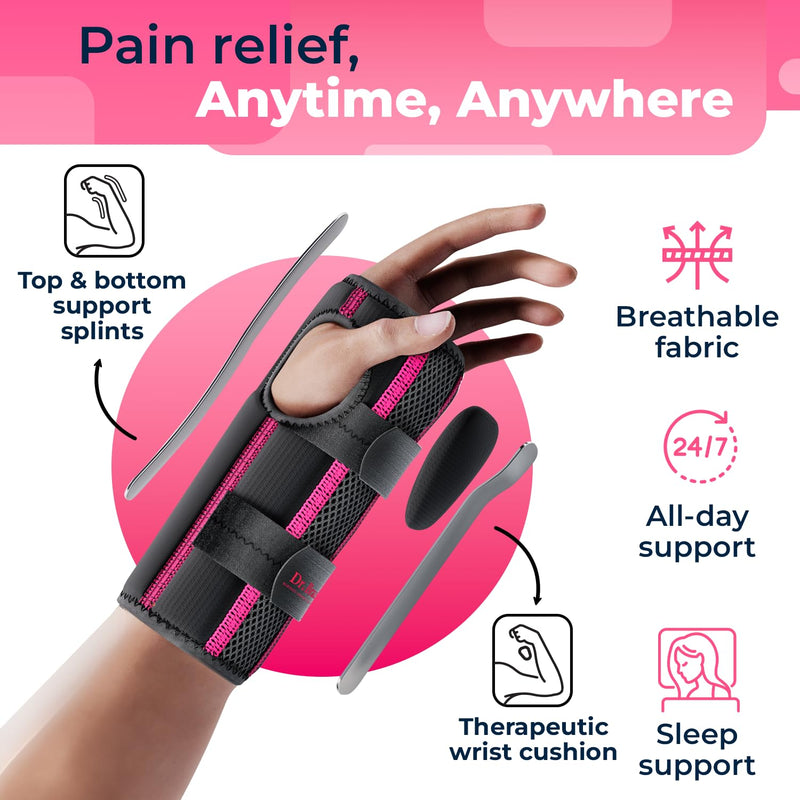 DR. BRACE Adjustable Wrist Brace Night Support for Carpal Tunnel, FSA & HSA Eligible, Doctor Developed, Upgraded with Double Splint & Therapeutic Cushion, Hand Brace For Pain Relief, Injuries, Sprains Small/Medium (Right Hand) Black-Pink
